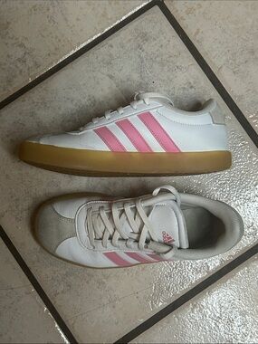adidas White Sneakers with Pink Stripes and Gum Sole